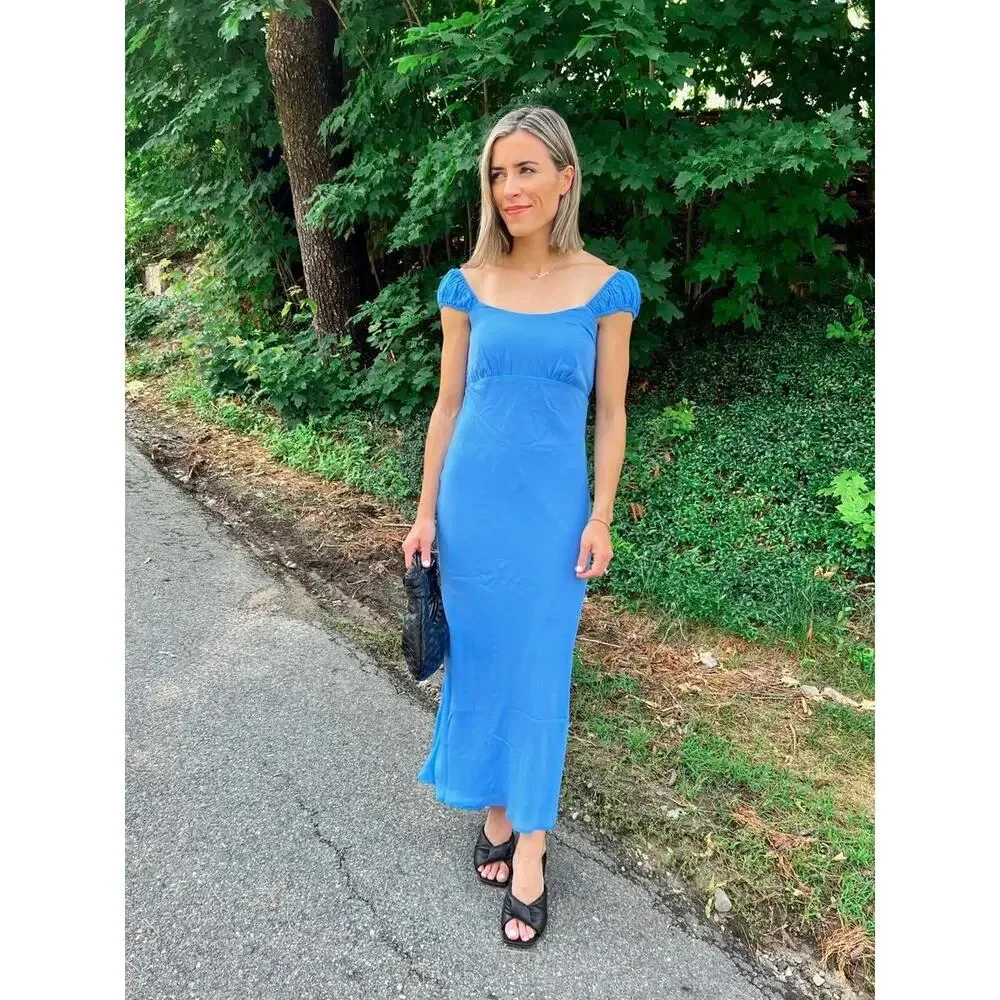 Abercrombie & Fitch Gathered-Sleeve Maxi Dress Light Blue Size S